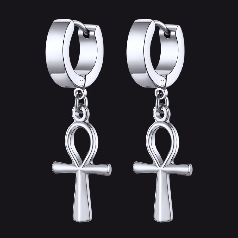 women's wedding earrings -Ankh Cross Dangle Hoop Earrings for Men