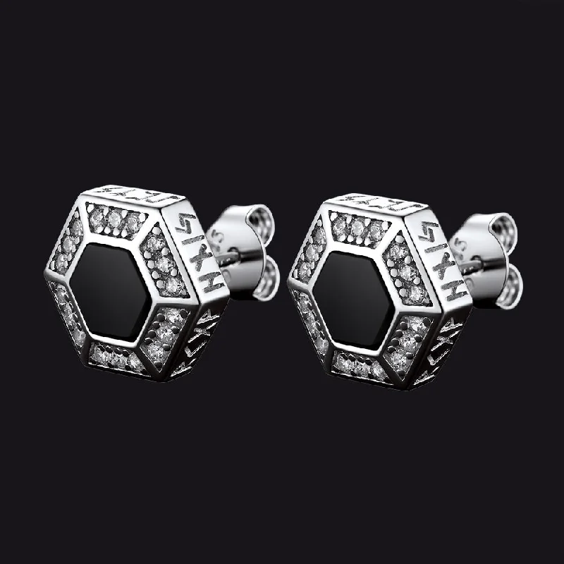 women's boho earrings -Viking Rune Hexagon Black Onyx Stud Earrings for Men