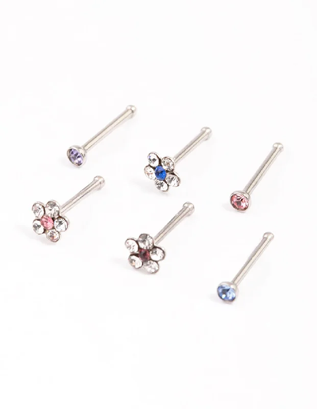 women's adjustable gemstone rings -Surgical Steel Cubic Zirconia Triangle Floral Nose Ring 6-Pack