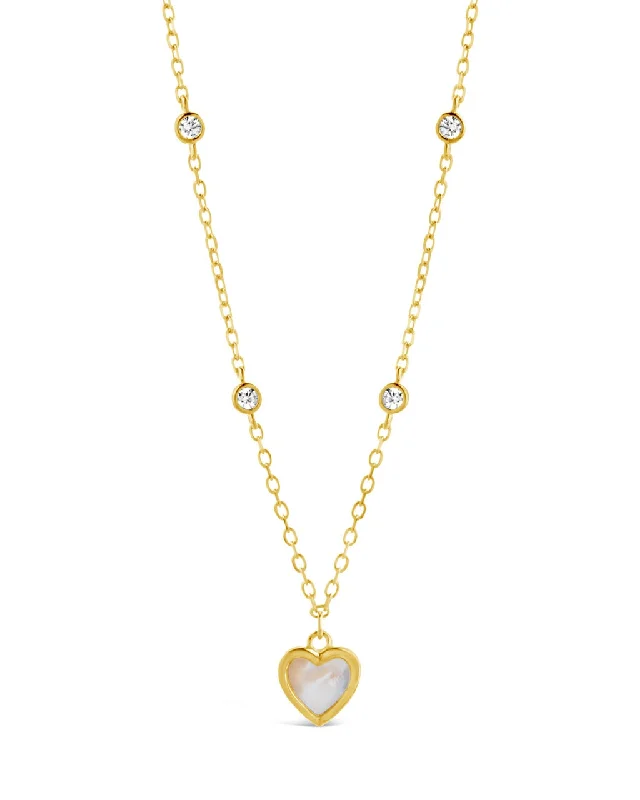 women's delicate necklaces -Juliet Mother of Pearl Heart & CZ Station Necklace