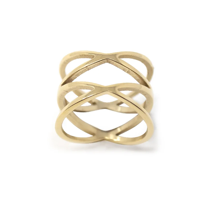 women's gold-plated rings -Gold Plated Stainless Steel Double X Ring