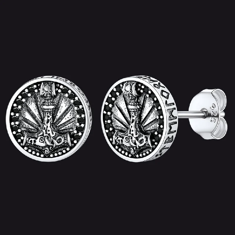 women's stylish earrings -Viking Thor's Hammer Stud Earrings With Runes in Sterling Silver