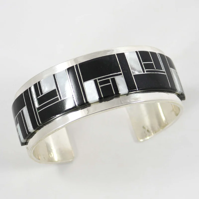 women's simple bangles -Black Jade and Shell Inlay Cuff