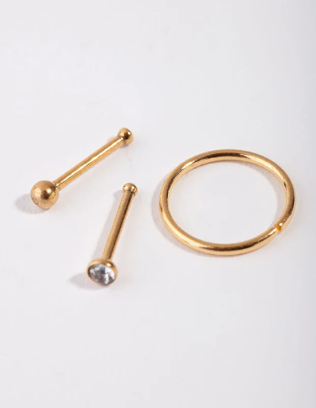 women's wedding rings for her -Gold Ball & Diamante Nose Ring & Stud Pack