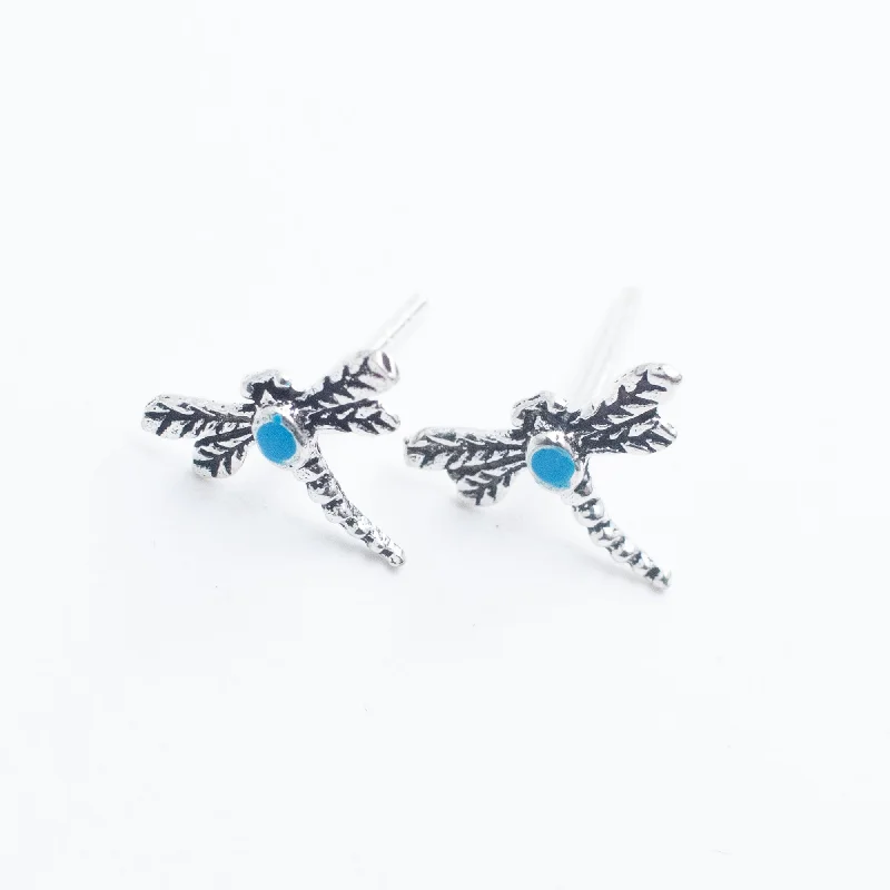 women's chunky hoop earrings -Silver Turquoise Dragonfly Studs