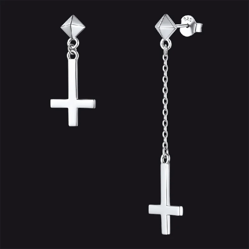 women's trendy earrings -Sterling Silver Dangling Inverted Cross Stud Earrings for Men Women