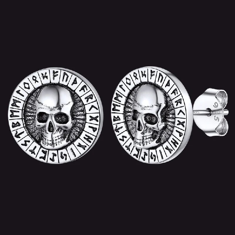 women's long dangling earrings -Sterling Silver Runes Skull Earrings Studs For Men