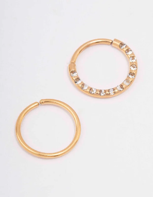 women's vintage rings -Gold Plated Surgical Steel Cubic Zirconia Textured Nose Ring Pack