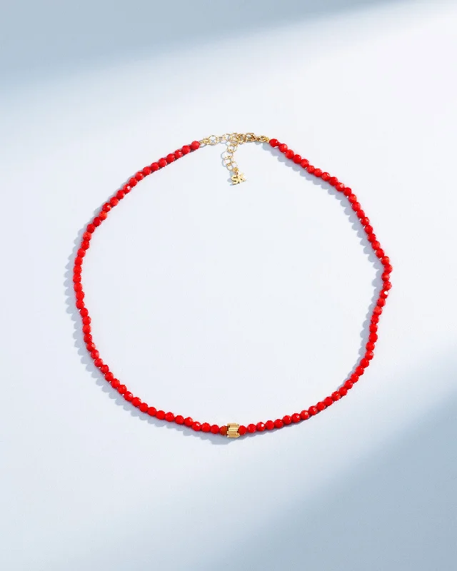 women's layered necklaces -Infinite Beaded Round Red Coral & Mini Golden Rondelle Necklace