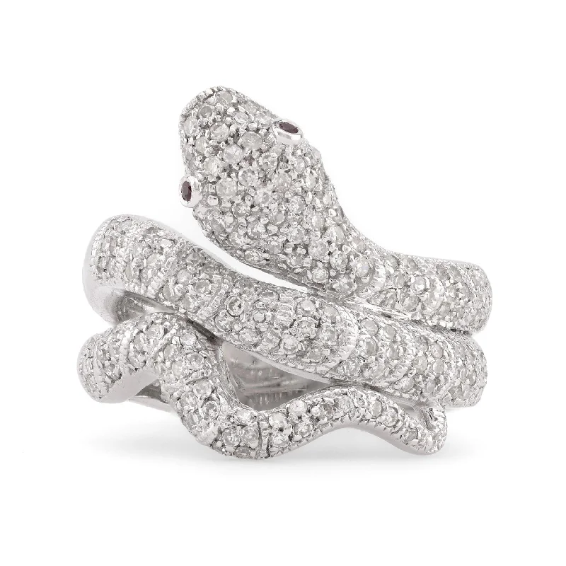 women's silver necklaces -Modern Diamond Ruby 18K White Gold Snake Ring