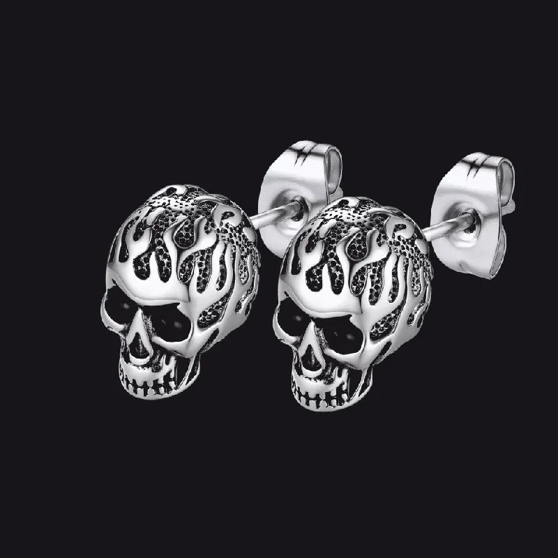 women's teardrop earrings -Gothic Flaming Skull Stud Earrings For Men