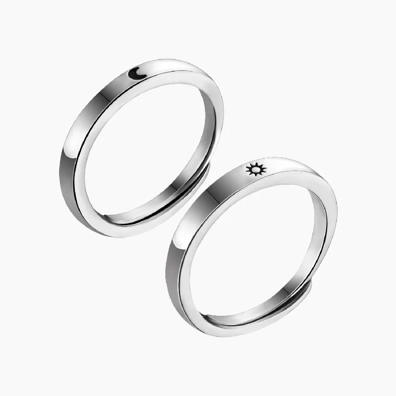 women's engraved rings -Celestial Sun & Moon Sterling Silver Ring Set