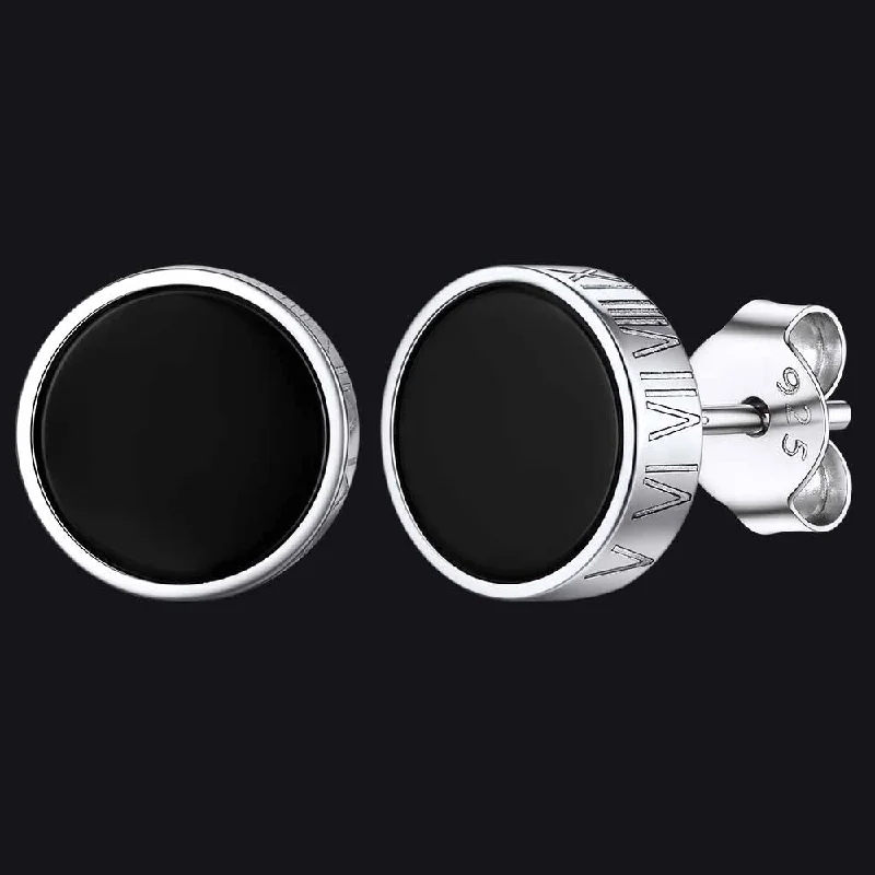 women's art-inspired earrings -Roman Numerals Black Onyx Stud Earrings in Sterling Silver for Men