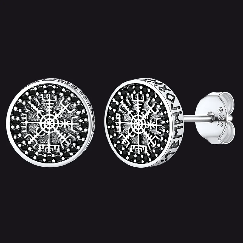 women's minimalist gold earrings -Sterling Silver Viking Compass Stud Earrings With Runes