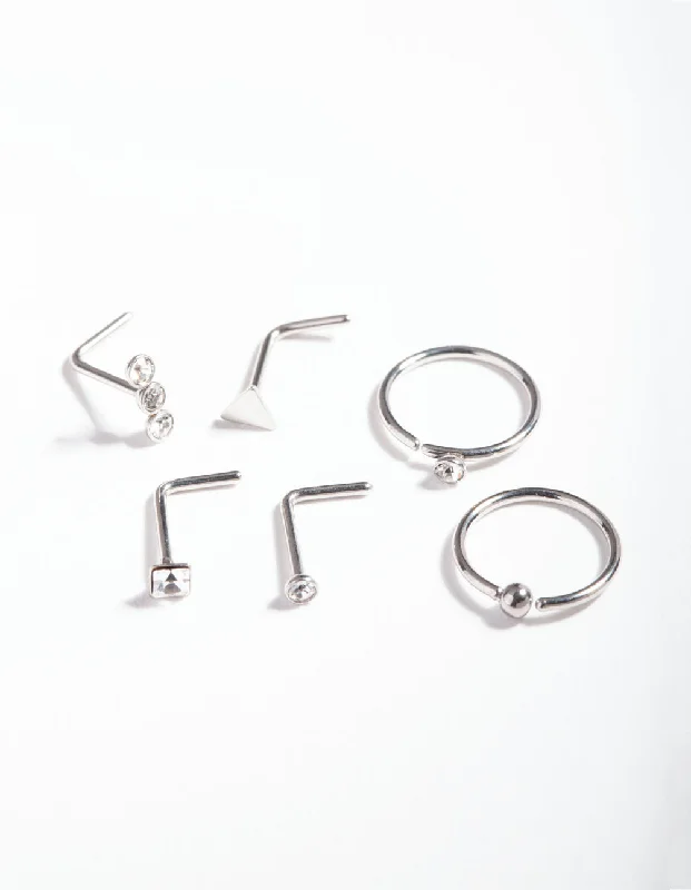 women's floral rings -Surgical Steel Geometric Diamante Nose Ring 6-Pack