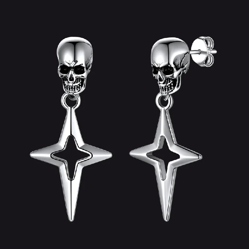 women's heart-shaped earrings -Flash Sale Skull Dangle Stud Earrings with Cross Star For Men