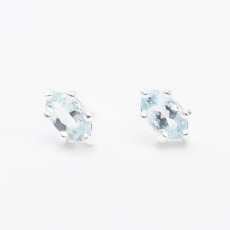 women's luxury stud earrings -Silver Oval Aquamarine Claw Set Studs