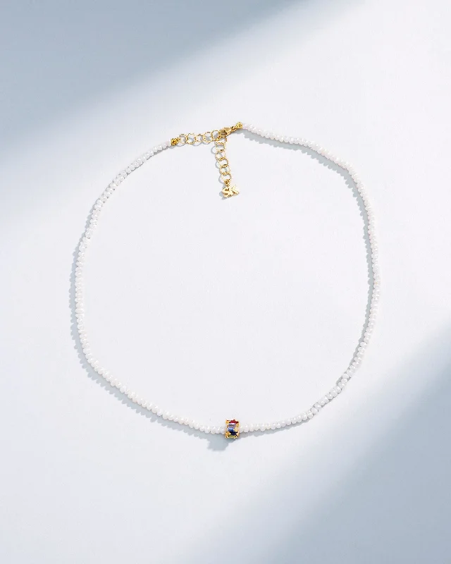 women's spiritual crystal necklaces -Infinite Beaded White Pearl & Mini Rainbow Sapphire Rondelle Necklace