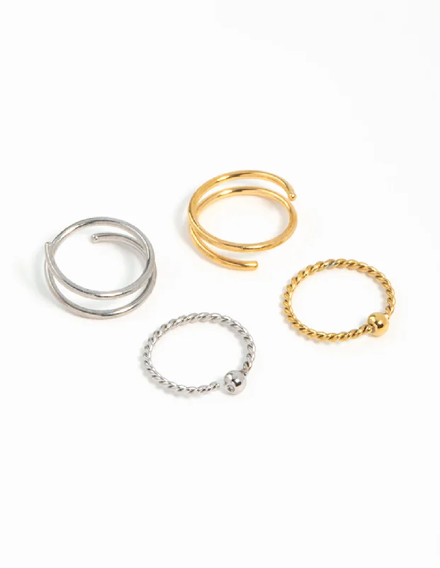 women's infinity rings -Mixed Metals Rope & Spiral Nose Rings 4-Pack