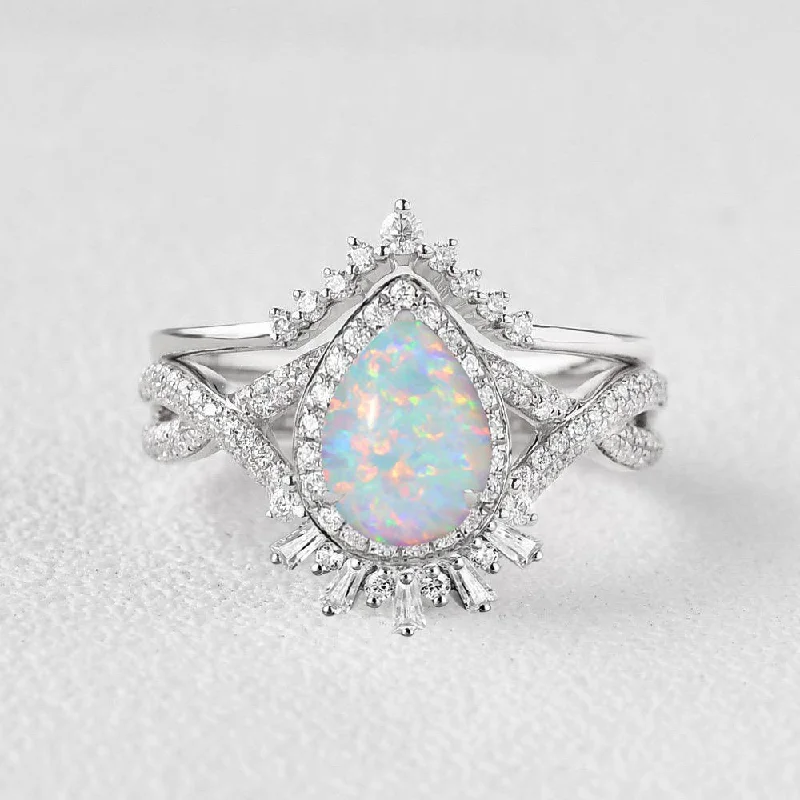 women's sterling silver necklaces -Pear Opal Halo Stacking Engagement Ring Set 2pcs