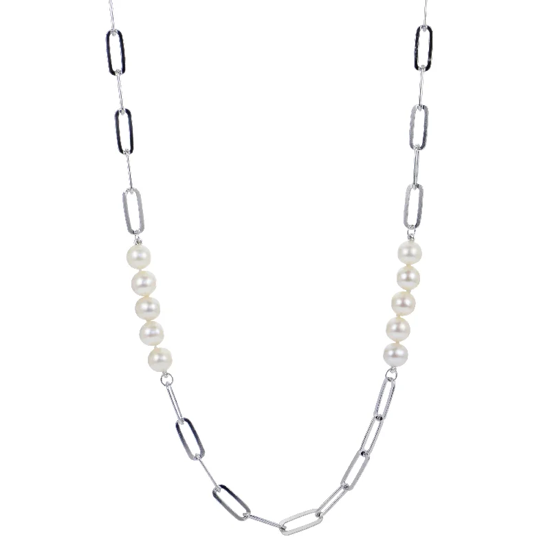 women's gold heart necklaces -32" Silver & Freshwater Pearl & Paperclip Necklace