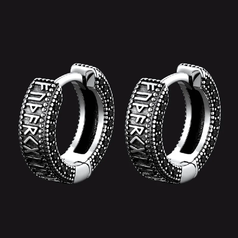 women's casual earrings -Sterling Silver Viking Runes Hoop Earrings With CZ for Men