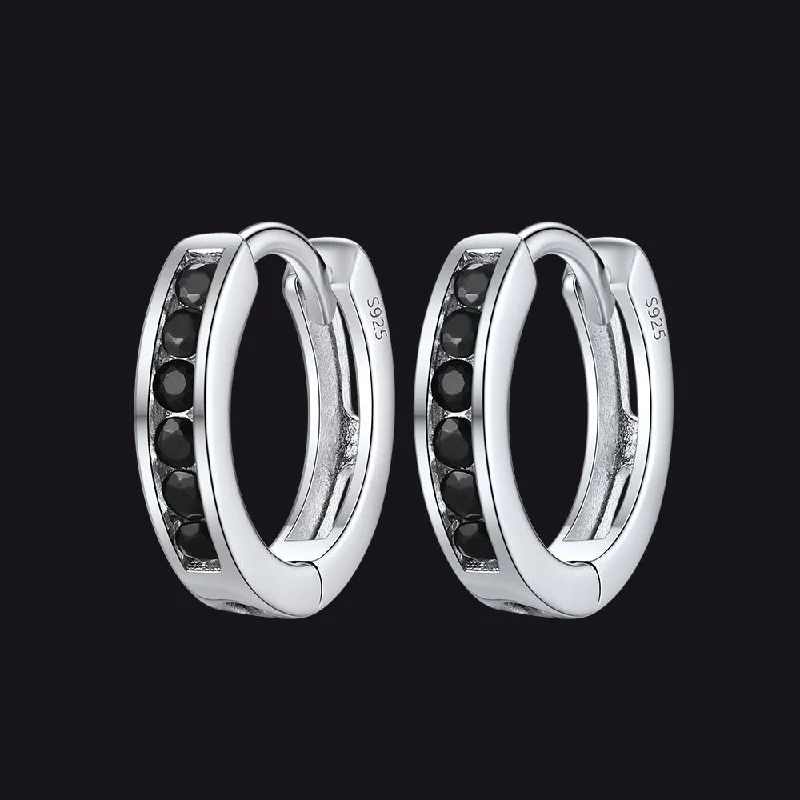 women's oversized earrings -Sterling Silver Black Onyx Huggie Hoop Earrings For Men