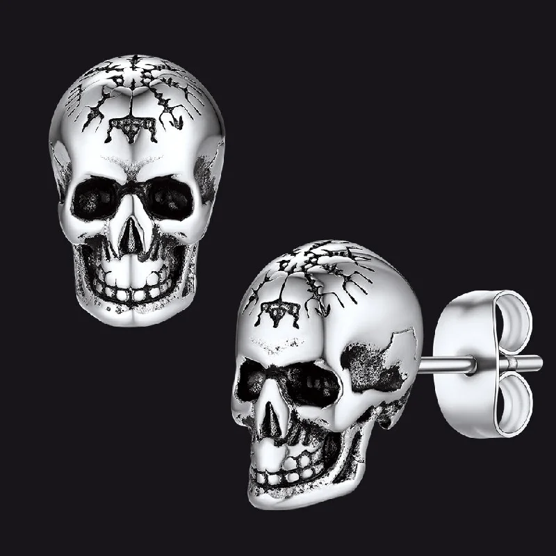 women's vintage earrings -Flash Sale Sterling Silver Viking Skeleton Skull Stud Earrings for Men