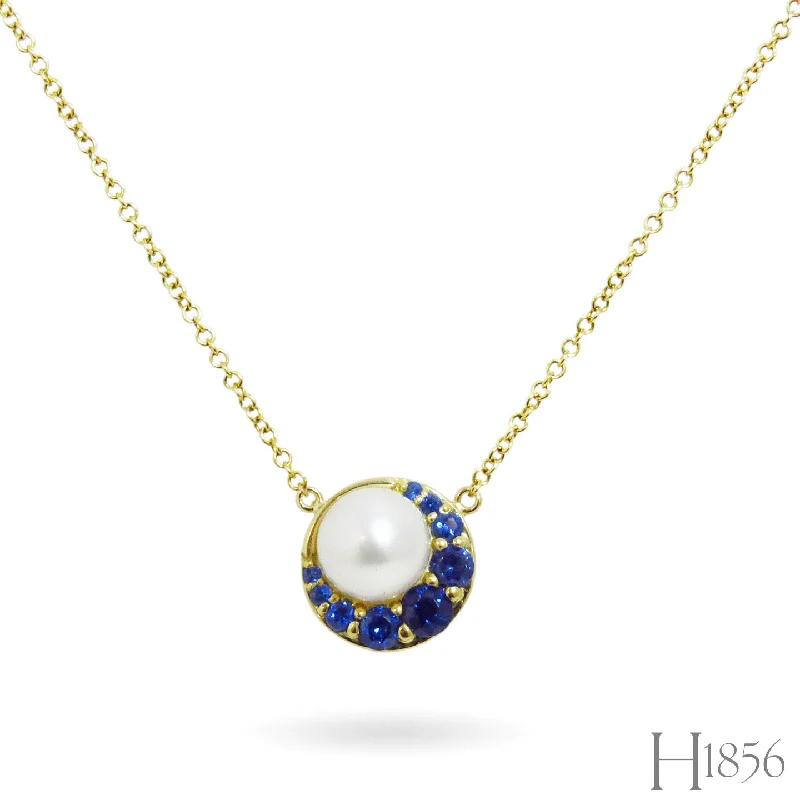 women's cross-shaped necklaces -Pearl and Sapphire Crescent Moon Necklace