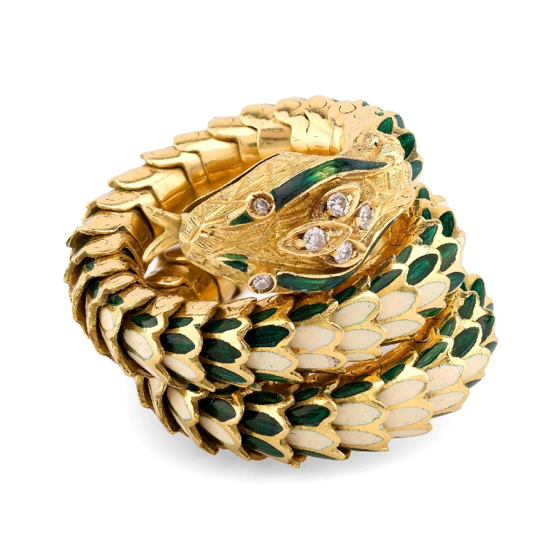 women's trendy layered necklaces -Vintage Italian Diamond 18K Gold Green and White Enamel Chunky Snake Wrap Ring