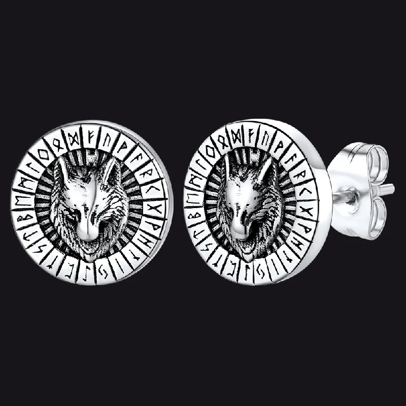 women's eco-friendly earrings -Flash Sale Sterling Silver Viking Wolf Head Stud Earrings with Runes For Men