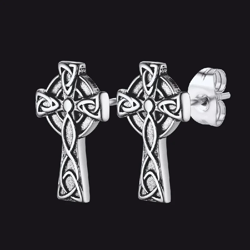 women's silver diamond earrings -Irish Celtic Knot Cross Stud Earrings For Men