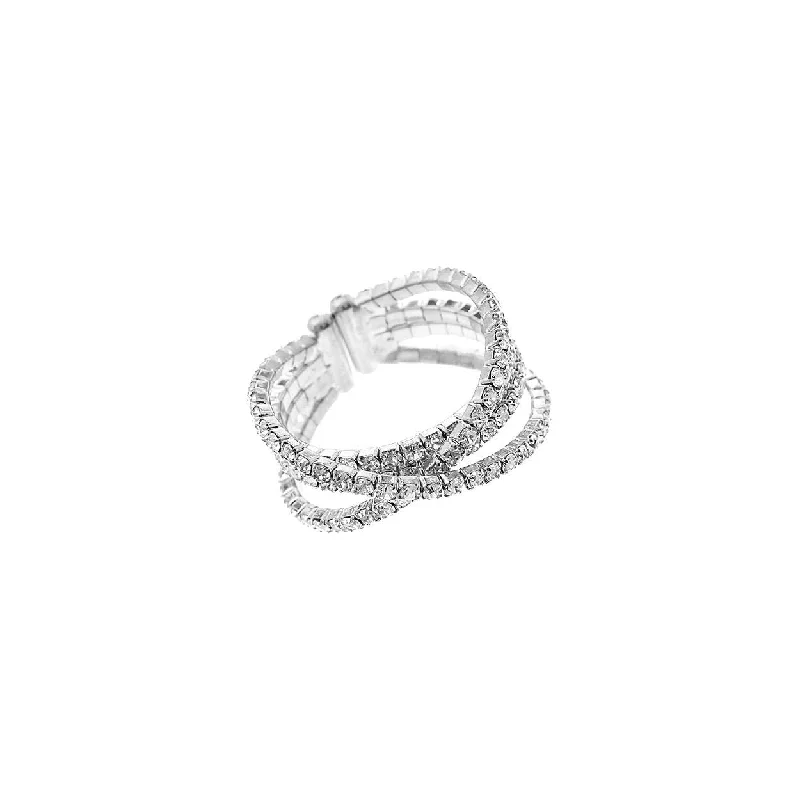 women's chunky rings -Adjustable Crossover Wire Ring Clear Crystal Silvertone