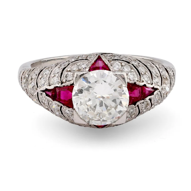 women's stylish necklaces -Art Deco Inspired 1.03 Carat Round Brilliant Cut Diamond Ruby Platinum Ring