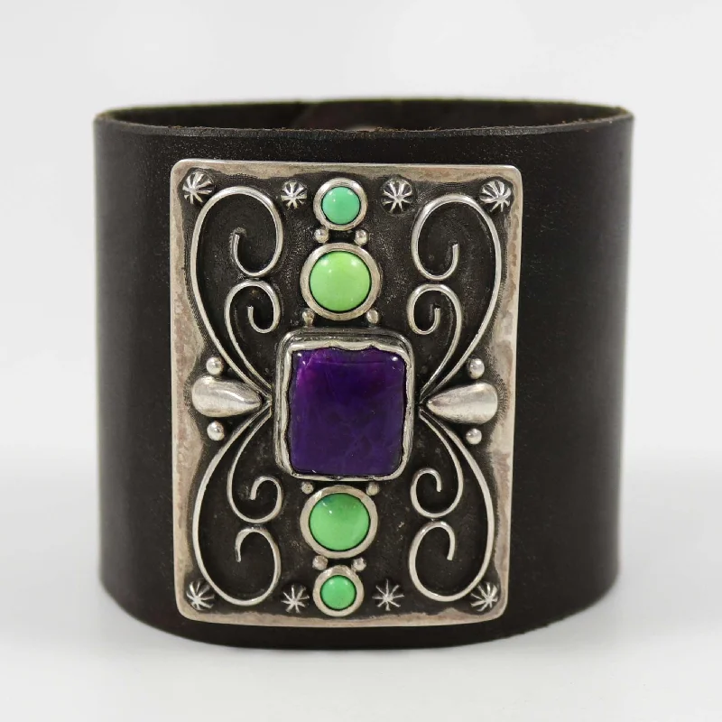 women's hammered bangles -Sugilite and Turquoise Leather Cuff