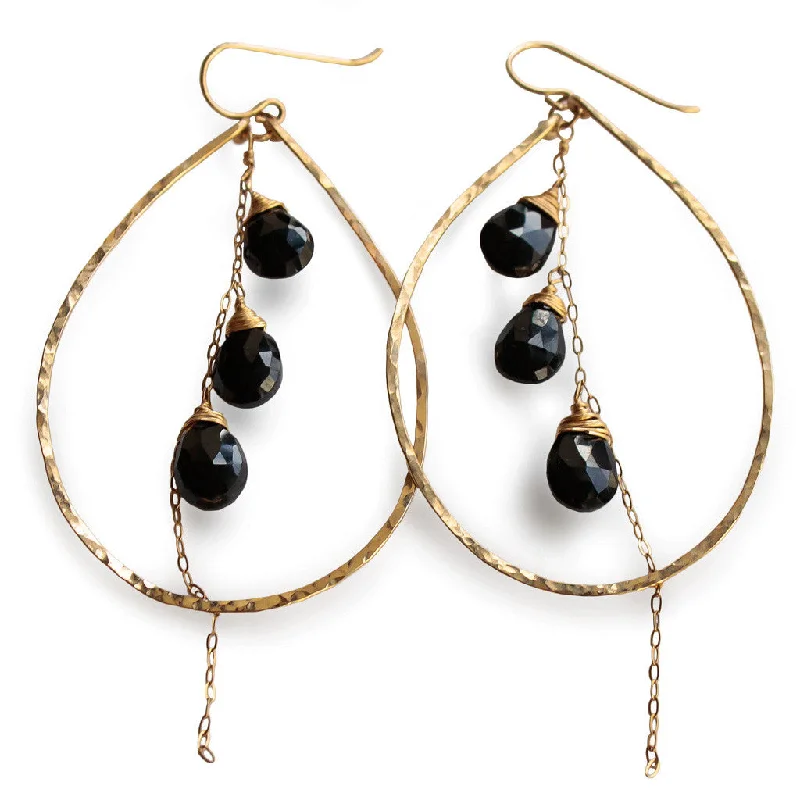 women's diamond earrings -Teardrop Gemstone Fall Hoops - Black Spinel