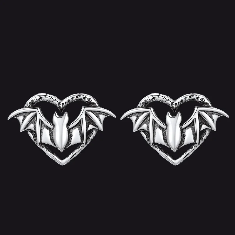 women's diamond-studded earrings -Halloween Bat Heart Stud Earrings for Women in Sterling Silver