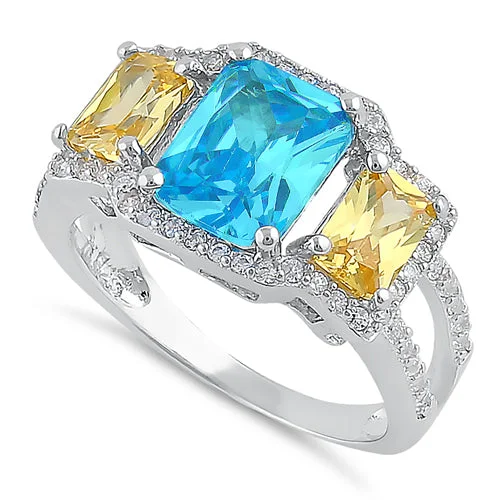 women's polished rings -Sterling Silver 3 Stone Blue Topaz & Yellow CZ Ring