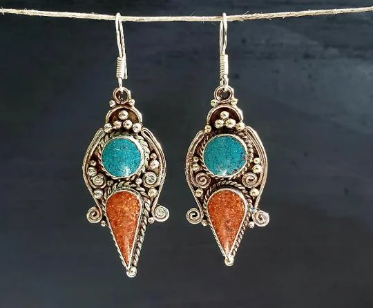 women's oversized earrings -Tibetan Turquoise and Coral Dagger Earrings