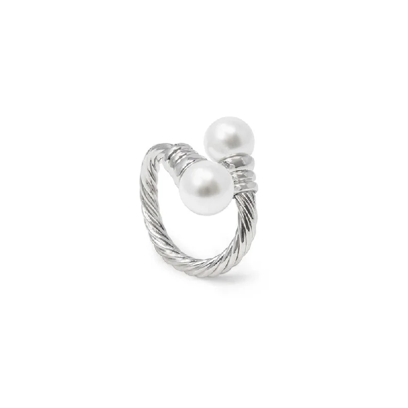 women's solitaire rings -Rhodium Plated Adjustable Cable Ring Pearl