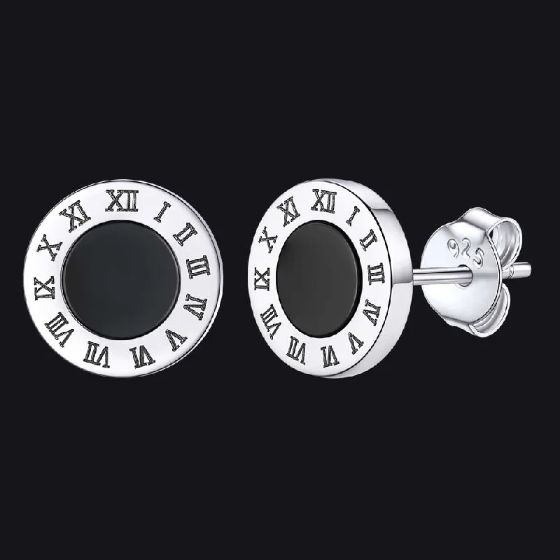 women's bold earrings -Sterling Silver Roman Numerals Black Onyx Stud Earrings