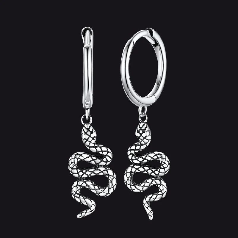 women's art deco earrings -Sterling Silver Snake Dangle Hoop Earrings for Men Women