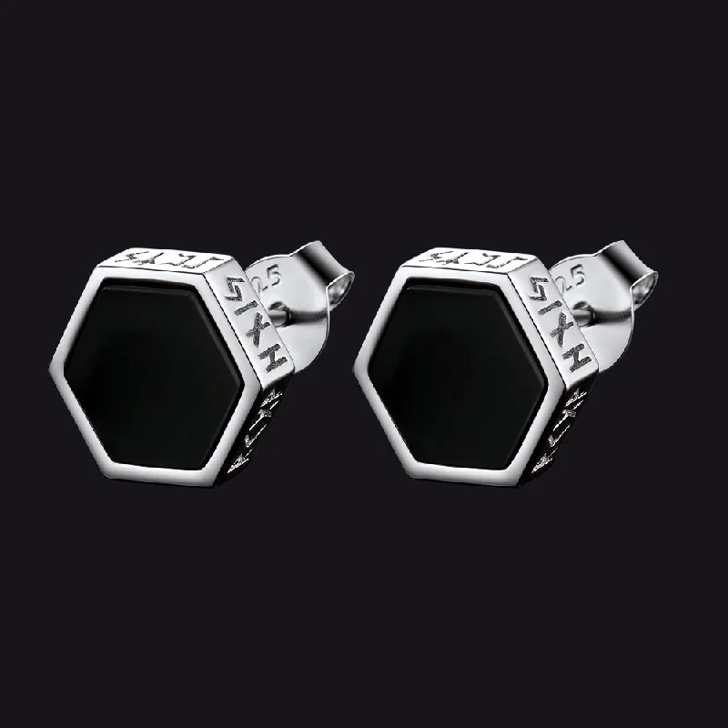 women's chandelier earrings -Hexagon Viking Rune Black Onyx Stud Earrings for Men