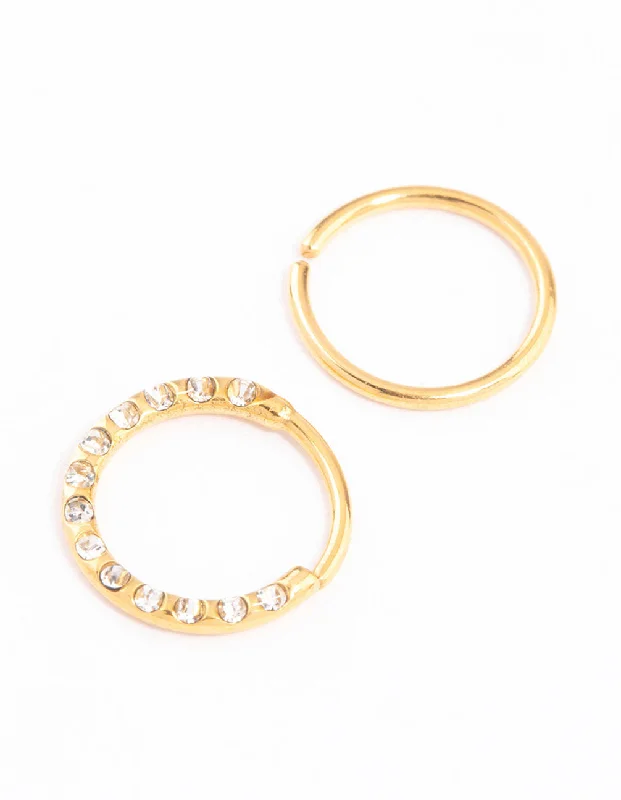 women's gemstone wedding rings -Gold Plated Titanium Cubic Zirconia Textured Nose Ring Pack