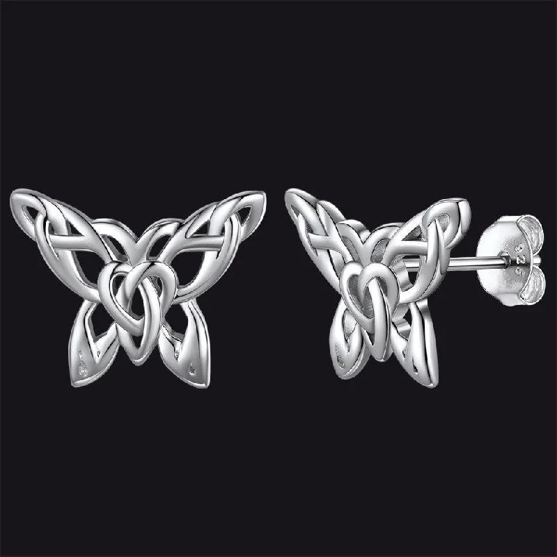 women's silver earrings -Silver Celtic Butterfly Stud Earrings for Women