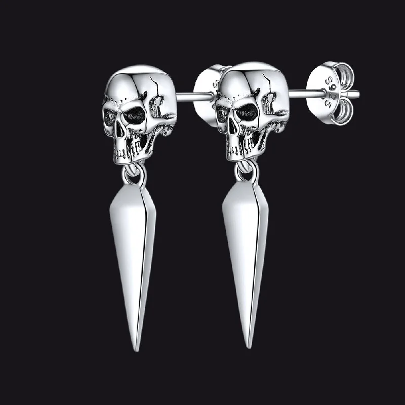 women's gemstone earrings -Sterling Silver Gothic Skull Dangle Stud Earrings For Men