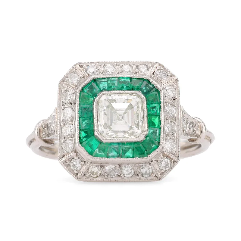 women's sterling silver chain necklaces -Art Deco Style Diamond Emerald Platinum Square Halo Ring