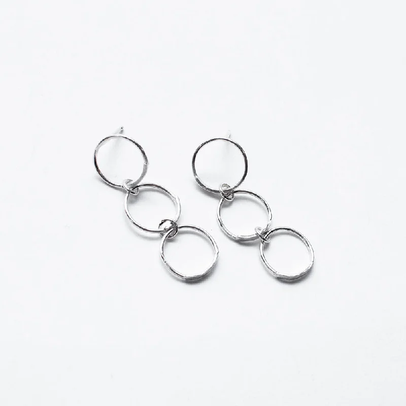 women's bold earrings -Silver Triple Hand Hammered Circle Studs