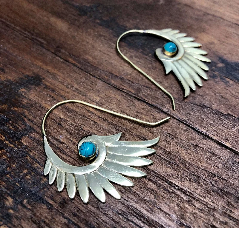 women's elegant pearl earrings -Turquoise Wing Feather Earrings