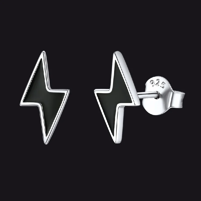 women's clip-on earrings -Flash Sale Sterling Silver Lightning Bolt Black Stud Earrings For Men